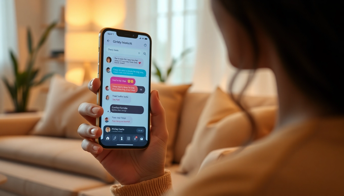 Engaging AI girlfriend chat on a smartphone in a cozy living room setting.
