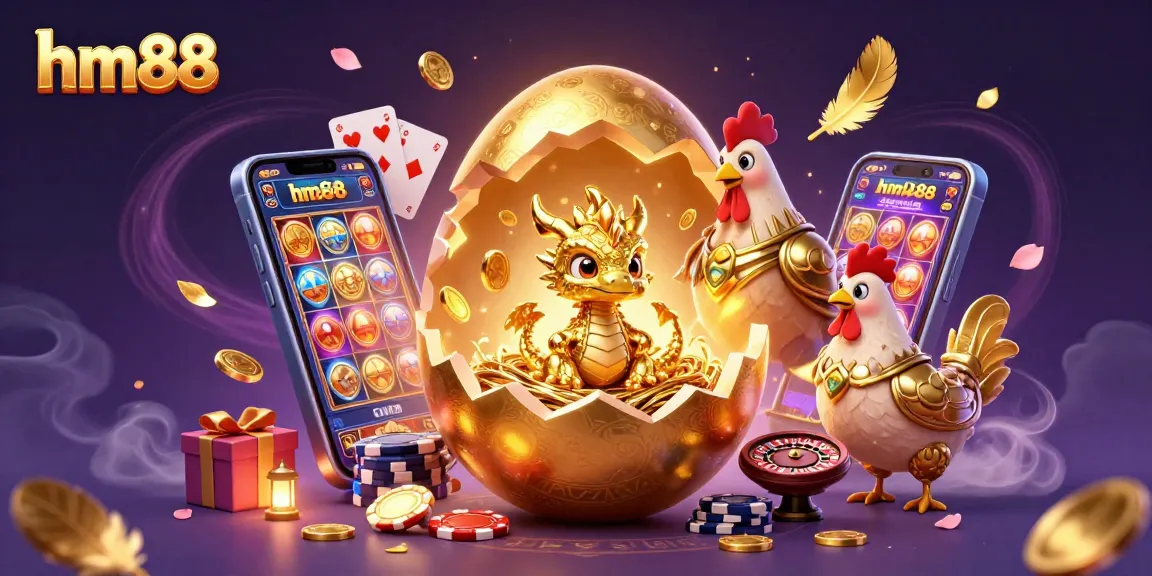 Experience the thrill of hm88 gaming with a golden dragon amidst vibrant casino elements.