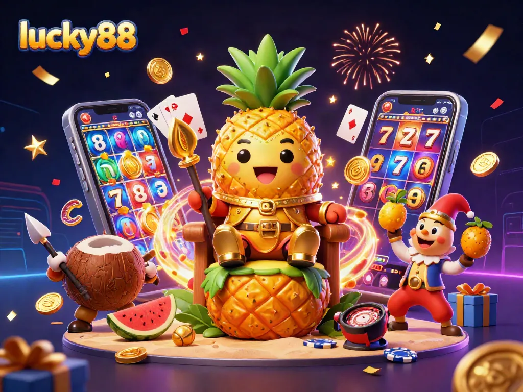Join the exciting adventures on lucky88 with a vibrant beach casino illustration featuring a dynamic pineapple king.
