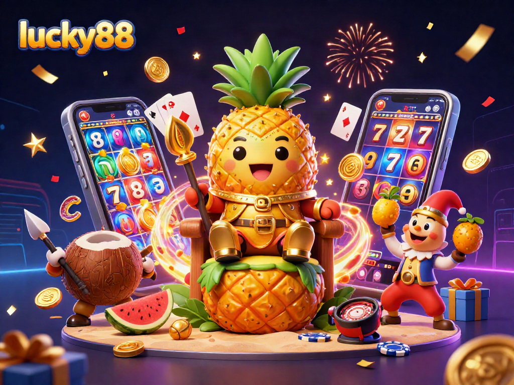 Join the exciting adventures on lucky88 with a vibrant beach casino illustration featuring a dynamic pineapple king.