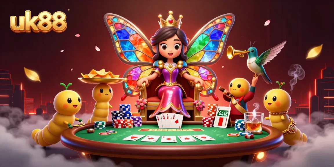 Engage in vibrant casino gaming with uk88, where a whimsical butterfly queen presides over a colorful poker scene.