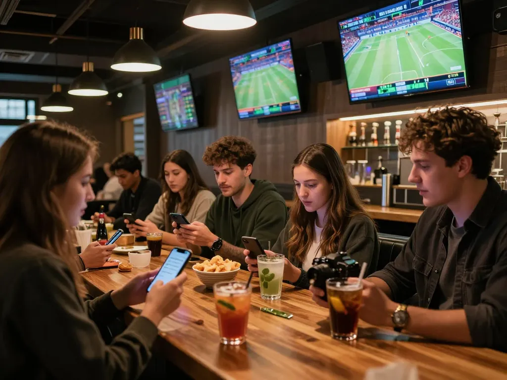 TIP88 sports betting scene with friends analyzing odds at a lively bar.