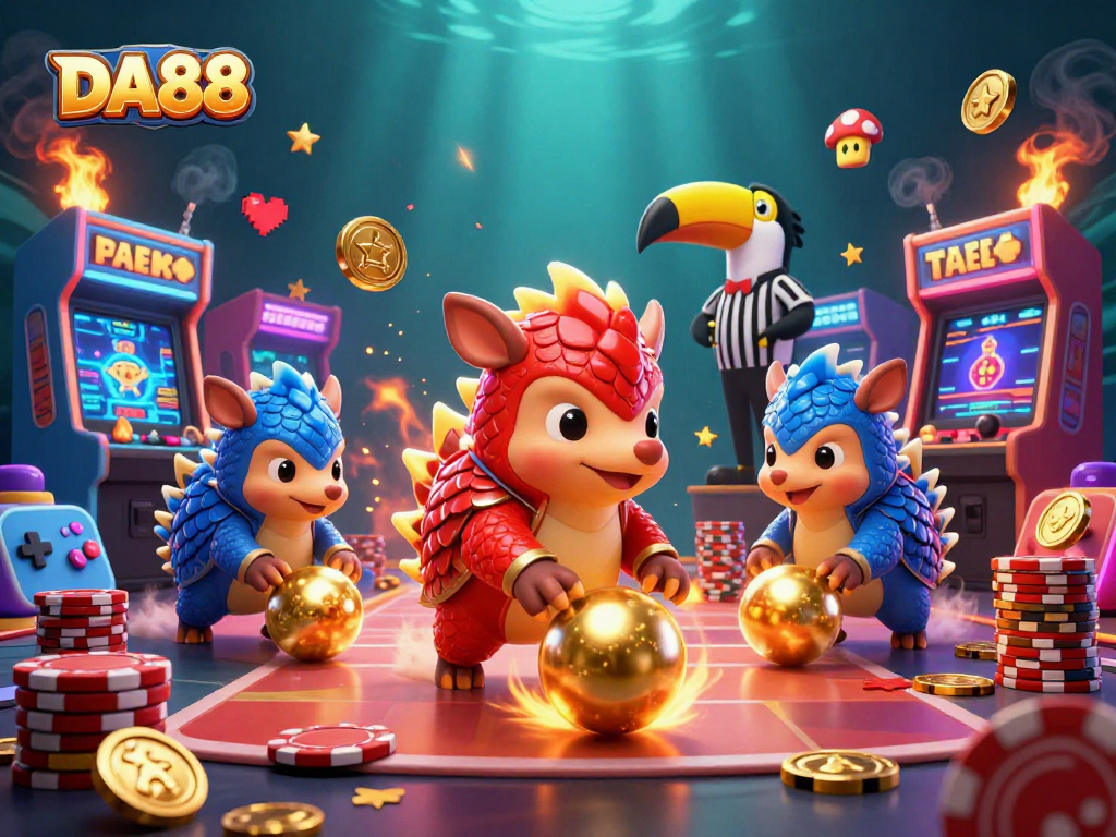 Experience thrilling competition at DA88 with pangolins bowling through poker chips in a vibrant casino scene.