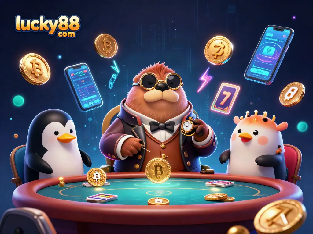 Engaging scene with lucky88 com in an underwater poker game featuring a walrus, a penguin dealer, and a bluffing pufferfish