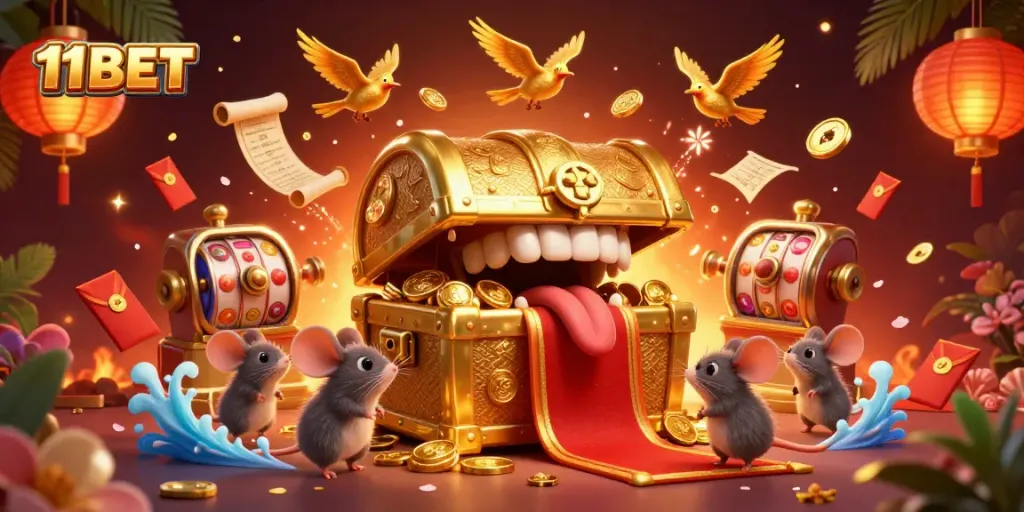 Engage with 11BET's exciting slot games featuring a treasure chest and vibrant casino elements.