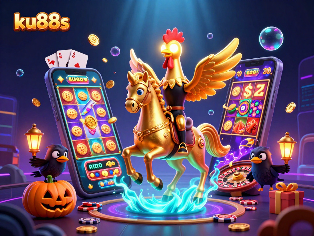 Experience exciting slot games with ku88s in a vibrant casino scene featuring a golden rooster.