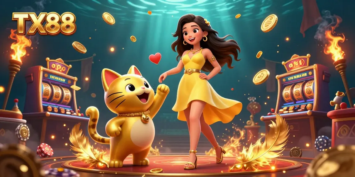 Engage with TX88 as a beautiful woman interacts with a lucky cat in a vibrant casino scene.