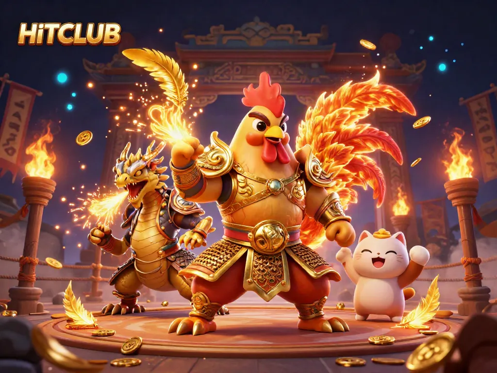HITCLUB features an epic scene with a rooster warrior, dragon hatchling, and fortune cat in a dynamic gambling arena.