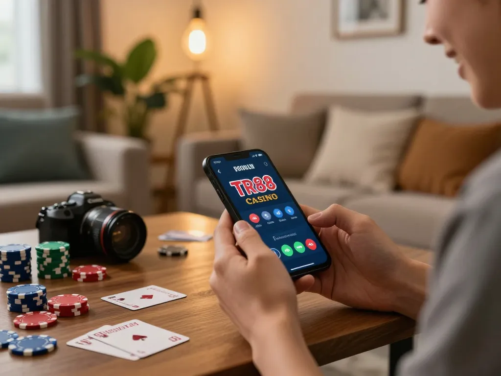 Exciting moment on TR88 app as player engages with online gambling strategy at home.