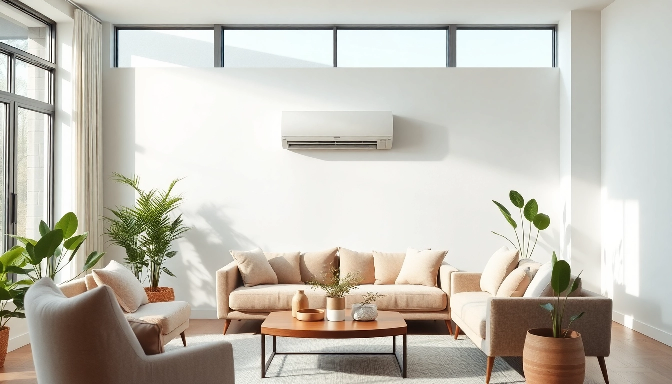 Install a mitsubishi mini split ac unit in a stylish modern living room with a cozy vibe.