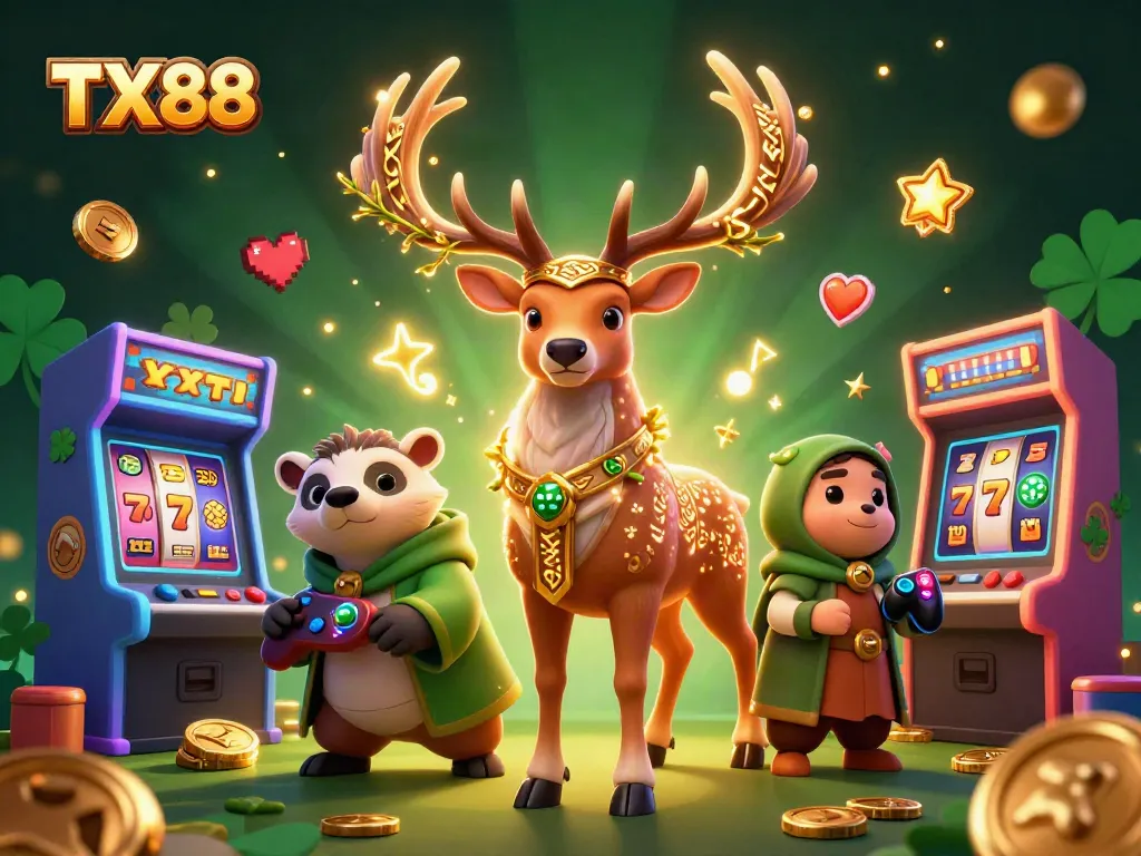 Engage with thrilling games at TX88, featuring a vibrant 3D casino scene with enchanting characters.