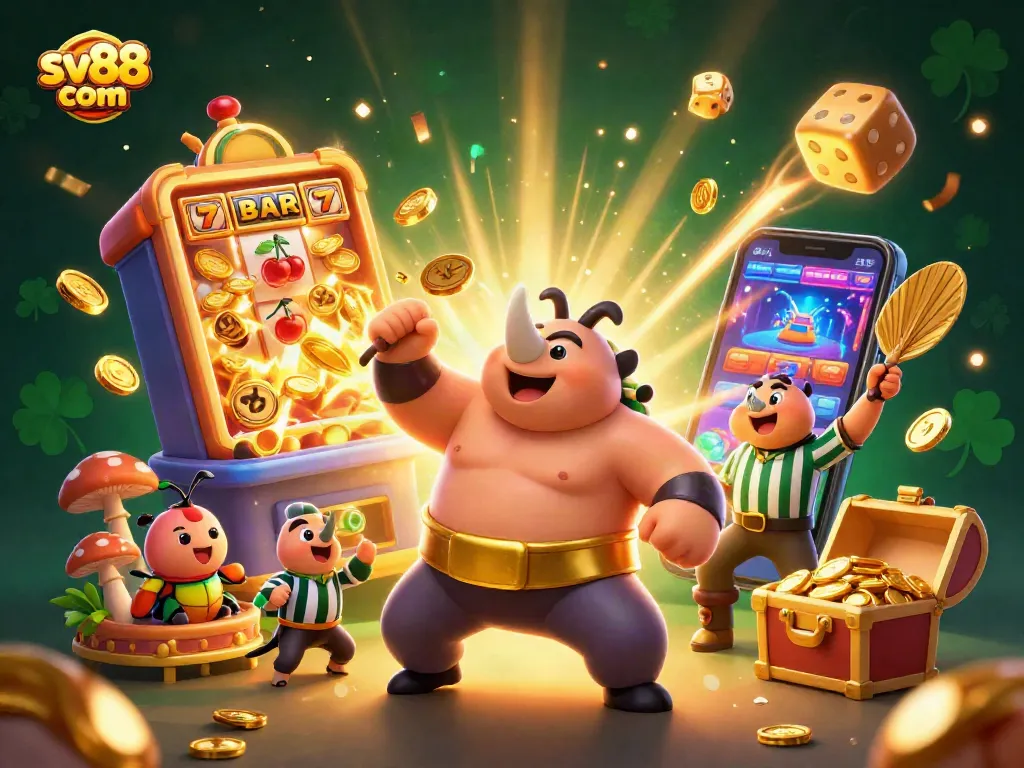 Engage in the thrilling world of sv88 com with a 3D illustration showing a sumo beetle champion and dynamic casino elements.