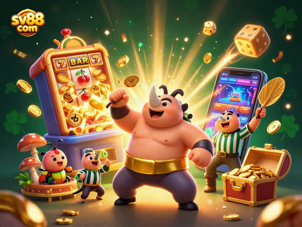 Engage in the thrilling world of sv88 com with a 3D illustration showing a sumo beetle champion and dynamic casino elements.