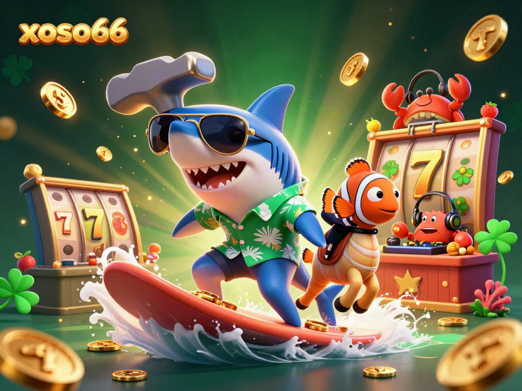 xoso66 attracts players with a dynamic 3D illustration showcasing iconic slot elements and playful characters.
