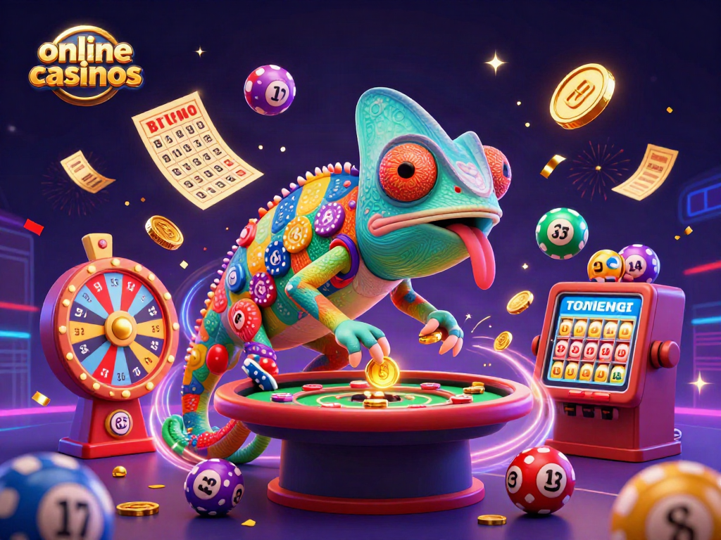Online casinos come alive as a colorful chameleon casino owner captures attention, surrounded by vibrant game elements.