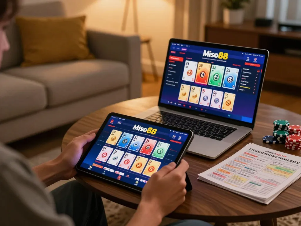 Miso88 app user engaged in online gaming, showcasing interactive casino interface and responsible gaming notes