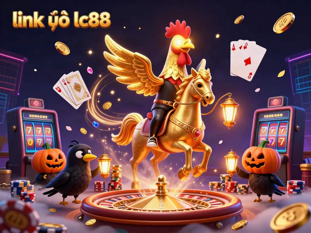 Experience the excitement of link vào lc88 at an enchanting casino with a golden rooster and magical companions.