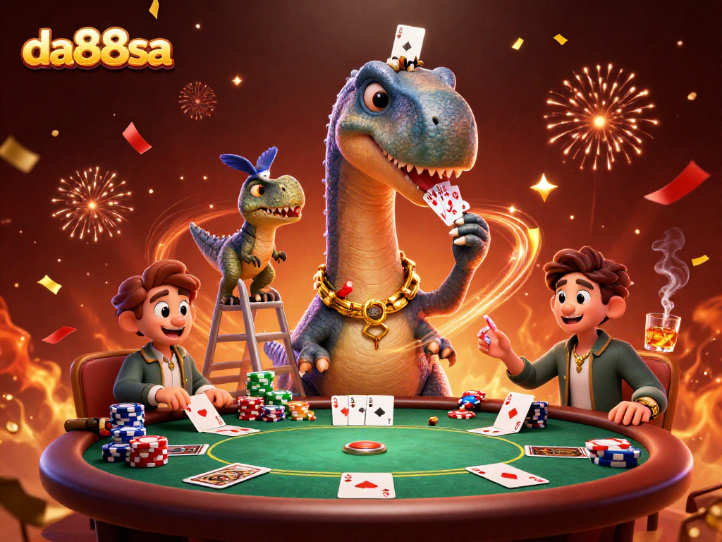 Experience thrilling poker action in da88sa's vibrant 3D casino scene with lively characters.