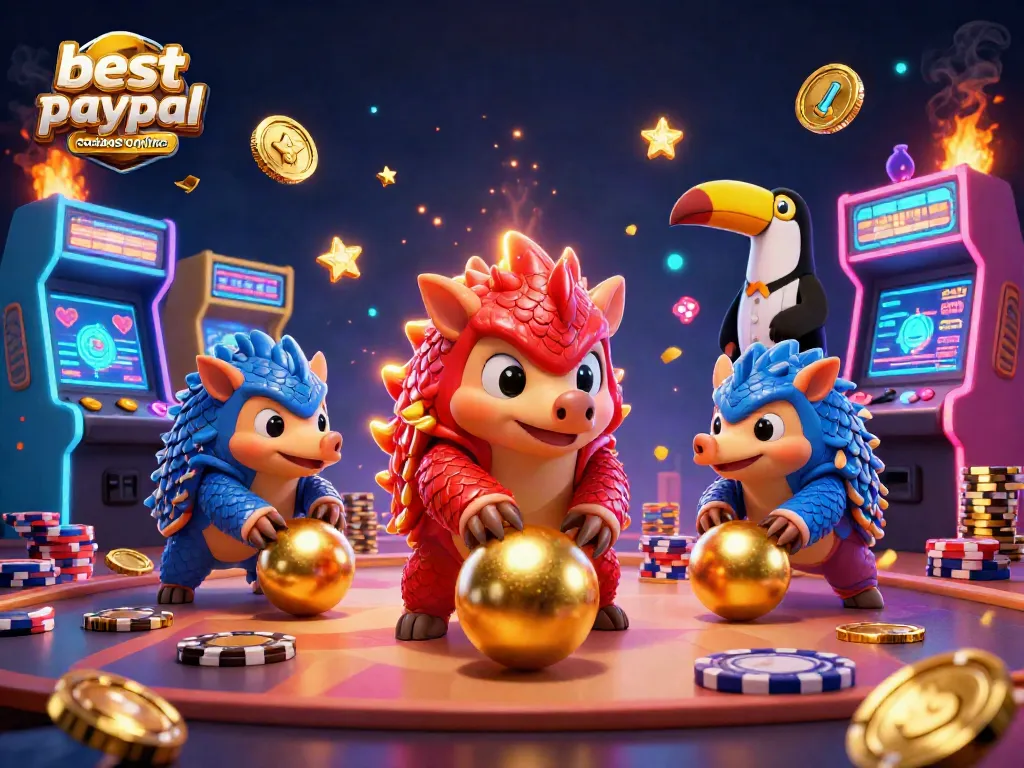 Engaging scene showcasing the best paypal casinos online with pangolins rolling through poker chips and colorful arcade machines.