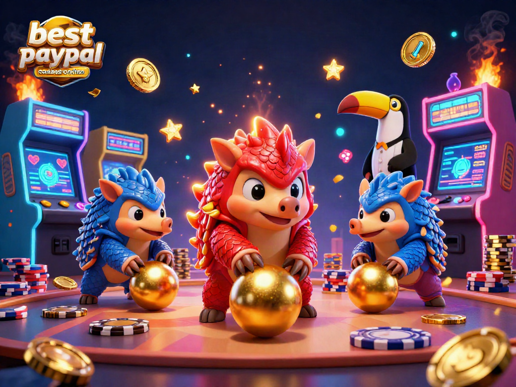 Engaging scene showcasing the best paypal casinos online with pangolins rolling through poker chips and colorful arcade machines.