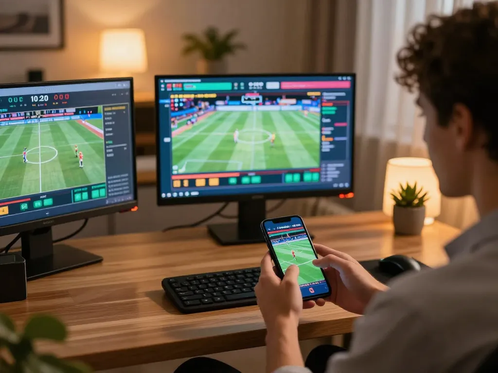 Engaging in sports betting on go88 smartphone with live match displays in a stylish home office.
