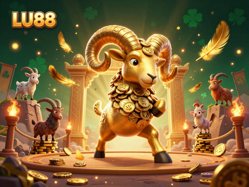 LU88 showcases an epic casino scene with a golden ram charging through a vibrant 3D world.