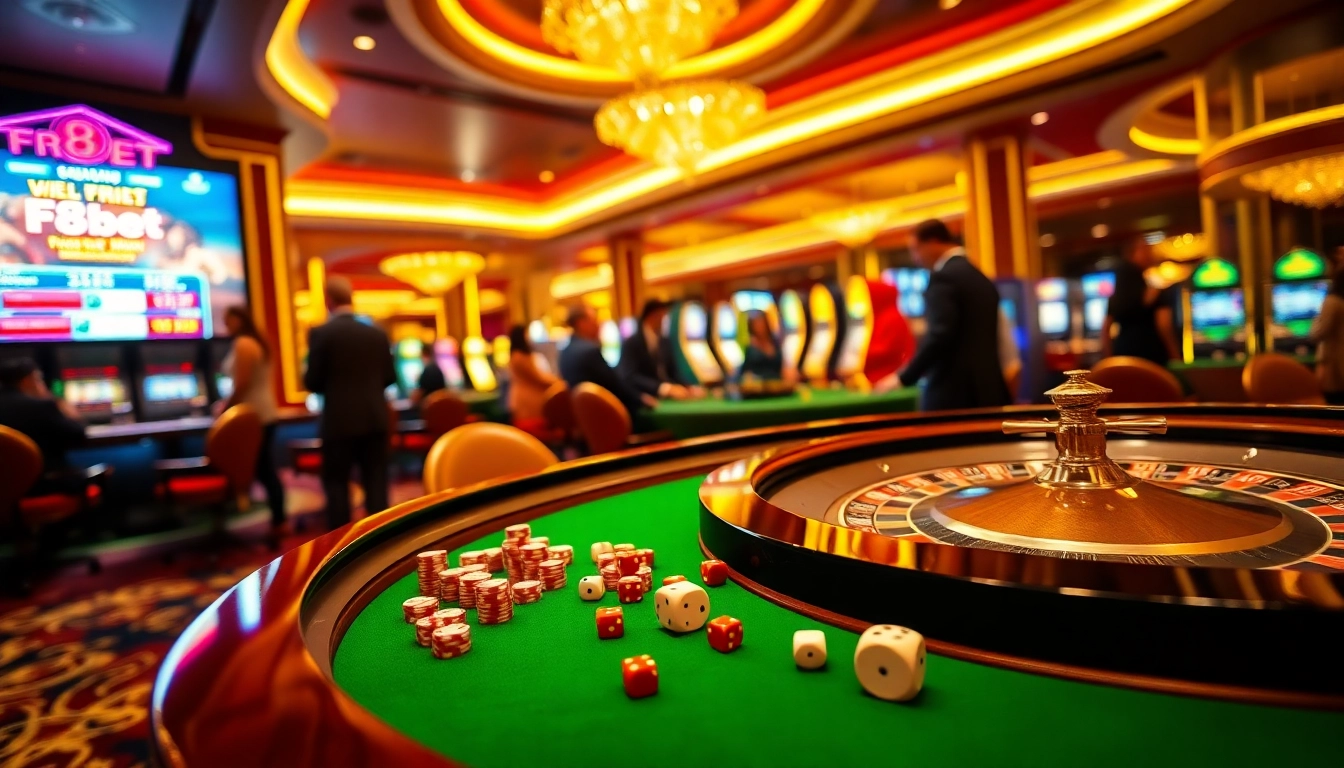Experience excitement at the casino with "link mới nhất f8bet" in action, featuring vibrant gaming tables and players.