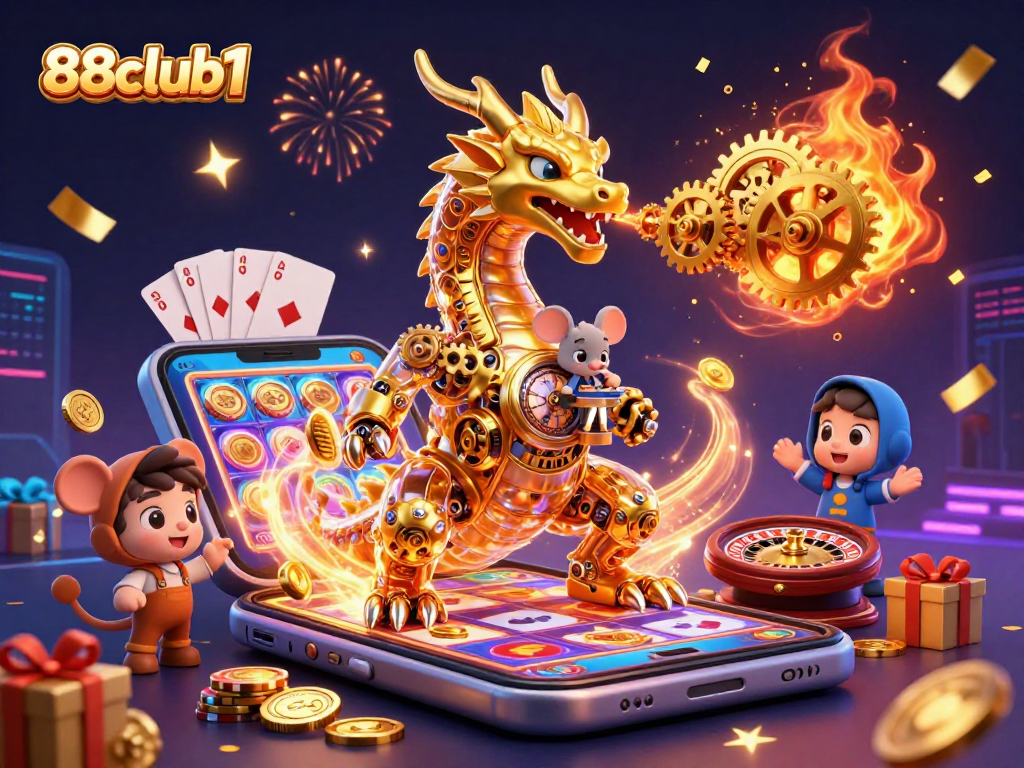 Experience exciting games at 88club1 with a vibrant gambling scene filled with dynamic slot games and casino elements.