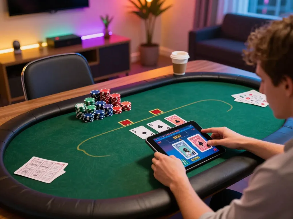 Player engaging in thrilling online poker experience with scap on tablet, cozy gaming setup