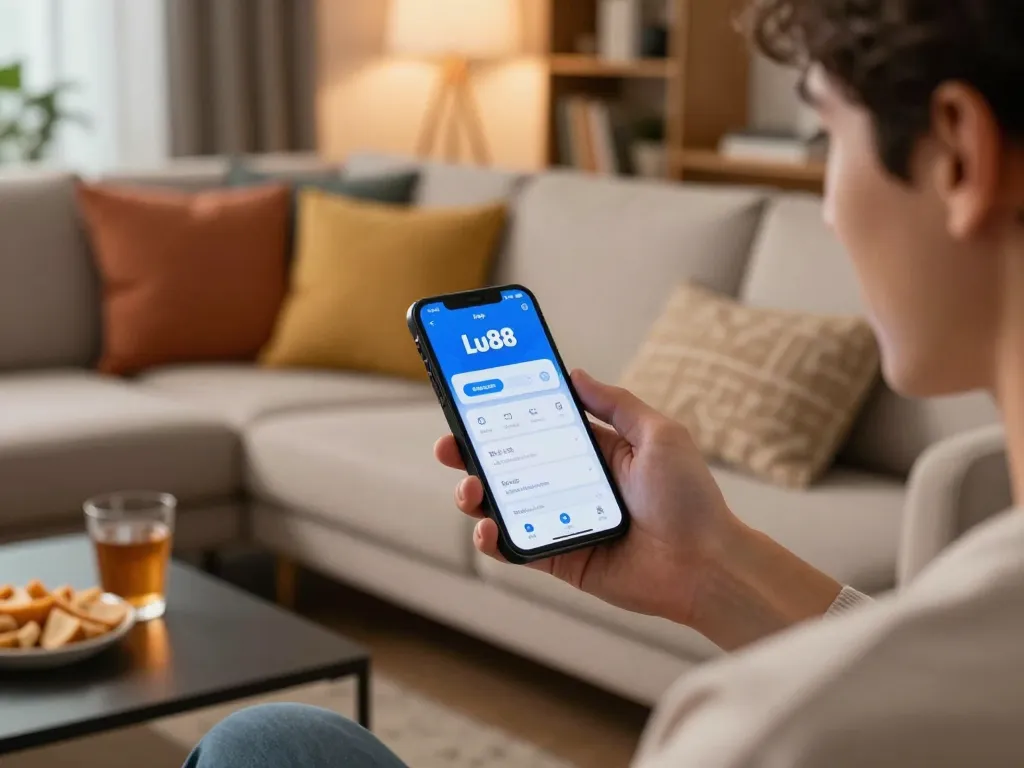 Engaging gameplay with the App Lu88 on a smartphone in a cozy home setting.