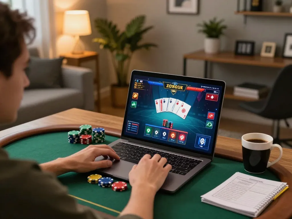 LU88 online poker gaming scene with chips and cards in action, showcasing a cozy at-home atmosphere.