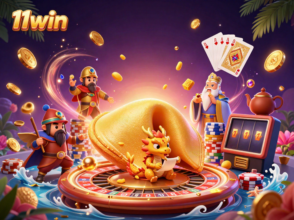 Win big at 11win with a dynamic casino scene featuring fortune cookies and dazzling gems.