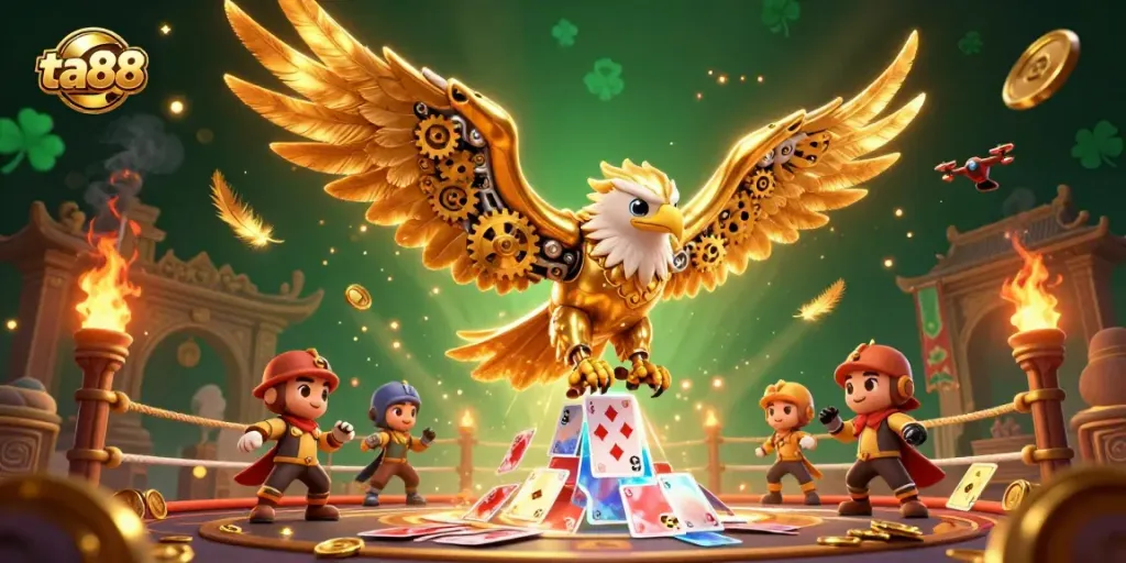 Engage with the ta88 casino experience featuring majestic golden eagles amidst vibrant gaming elements.