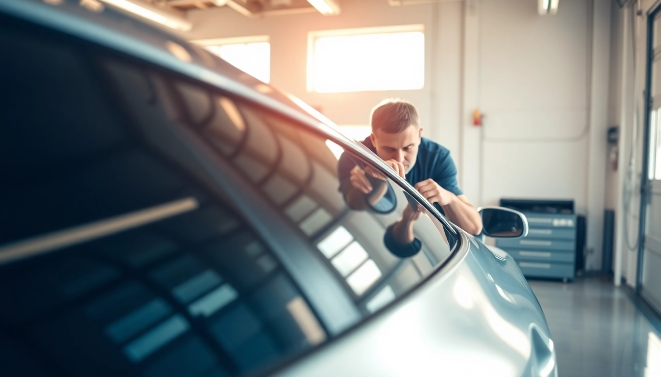 Apply auto window tint near me on a car in a bright, professional setting.