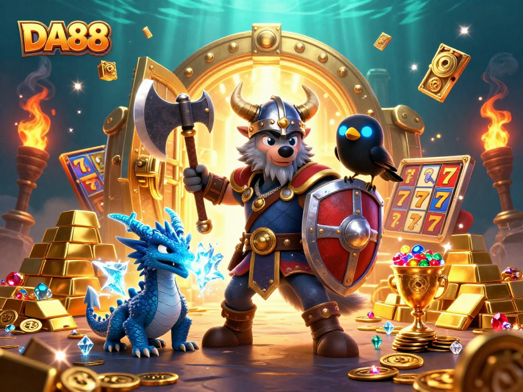 Win big at DA88 with a dynamic 3D cartoon casino scene filled with treasures.