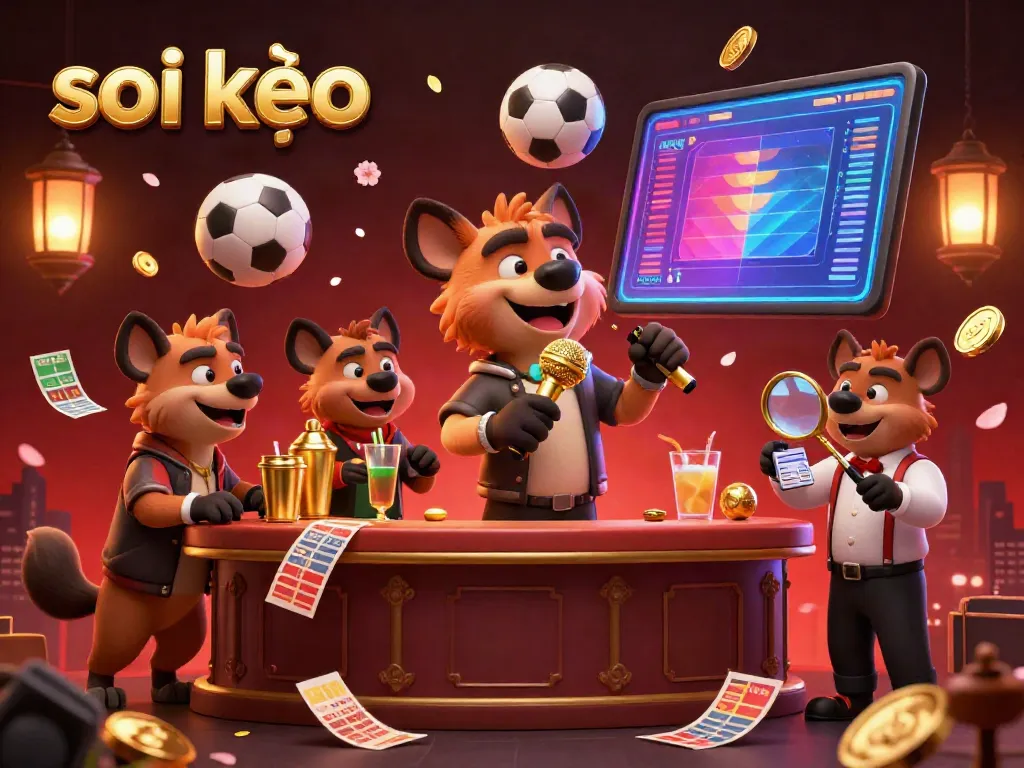 Engage in sports betting analysis with soi kèo in a lively hyena casino scene filled with vibrant elements.