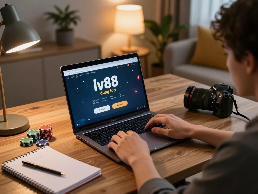 Engaging in online gaming with lv88 đăng nhập, showcasing vibrant laptop interface and cozy setup.
