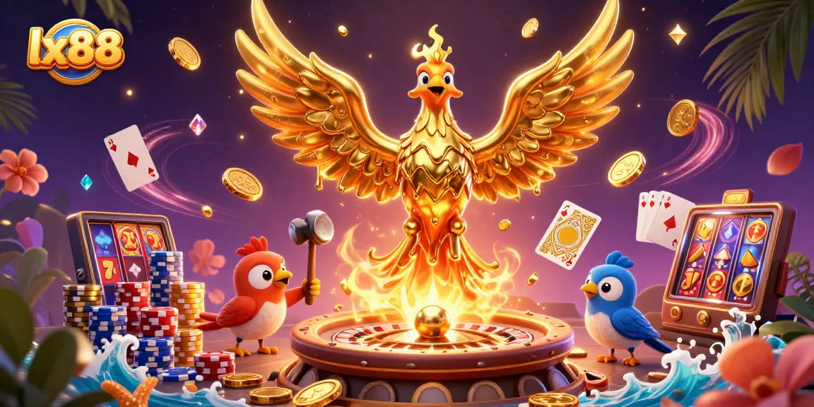 Engage with lx88's vibrant casino experience featuring a golden phoenix and dazzling game elements.