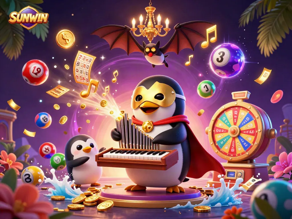SUNWIN casino gaming scene with a phantom penguin playing the organ, golden coins flowing, and colorful lottery balls.
