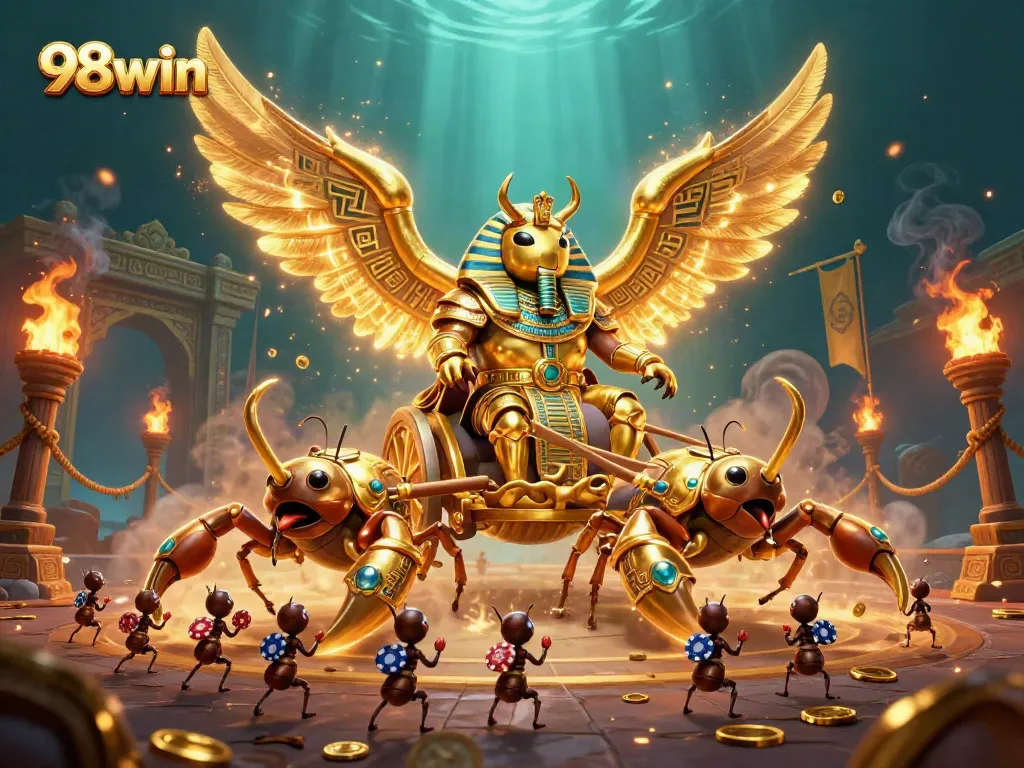 Experience the thrilling action of 98win with a golden scarab beetle guiding players amidst vibrant casino elements.