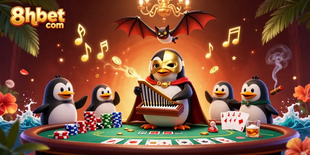Experience the vibrant energy of 8xbet com as a phantom penguin plays an organ, showering golden coins in a lively casino scene.