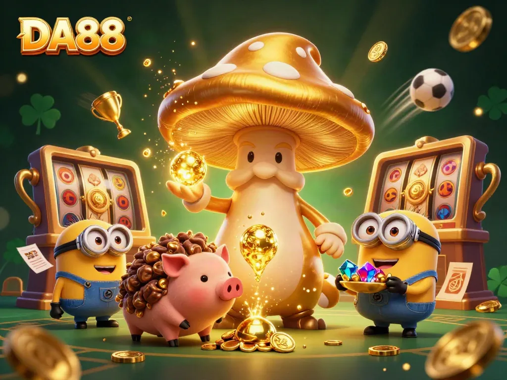 Engage with DA88's exciting casino experience featuring a magical mushroom wizard surrounded by golden treasures.