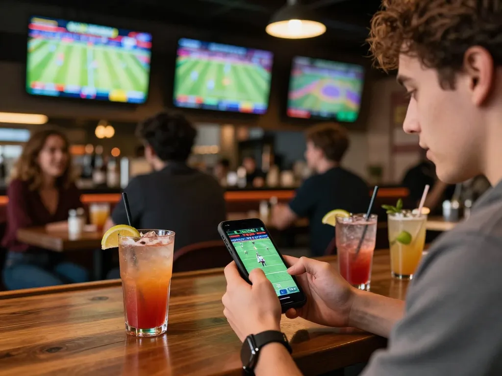 Betting on sports using the App Dabet at a lively sports bar with excited patrons around