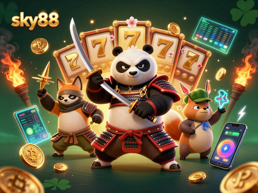 Experience thrilling gaming action with sky88 as the fierce panda samurai and ninja fox take center stage.