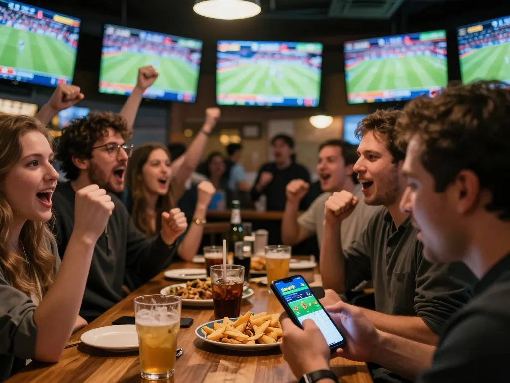 Exciting patrons engaging in sports betting with the bom88 app in a lively sports bar atmosphere