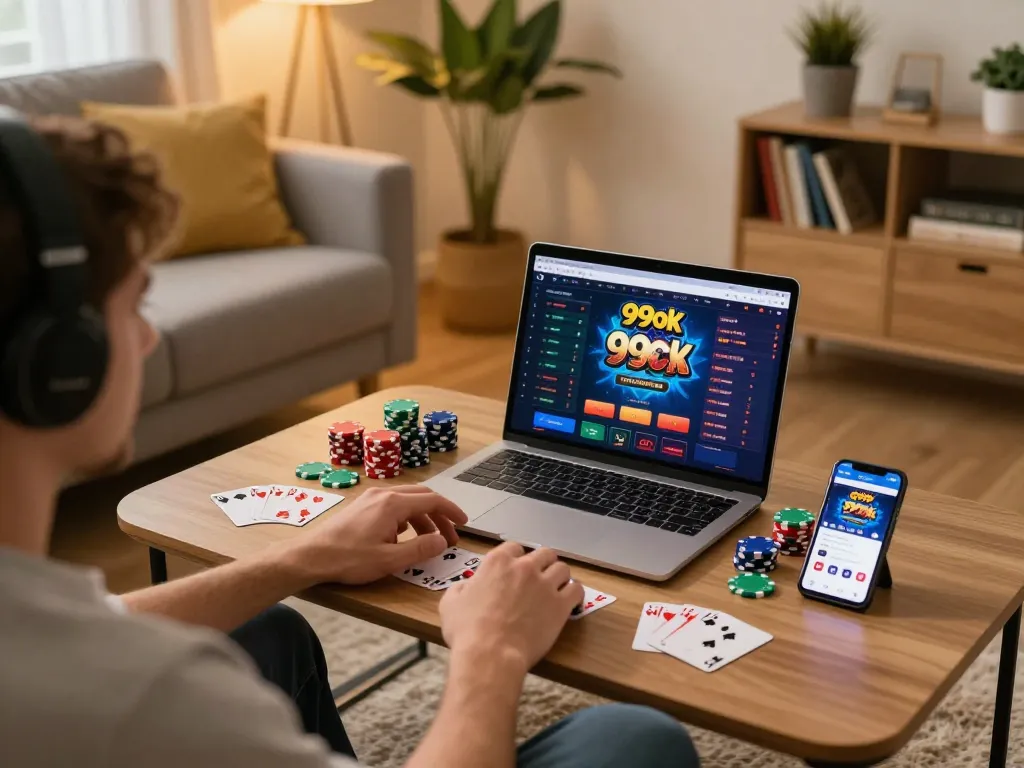 Play online poker easily with 99ok interface, cozy home gaming setup with device highlights