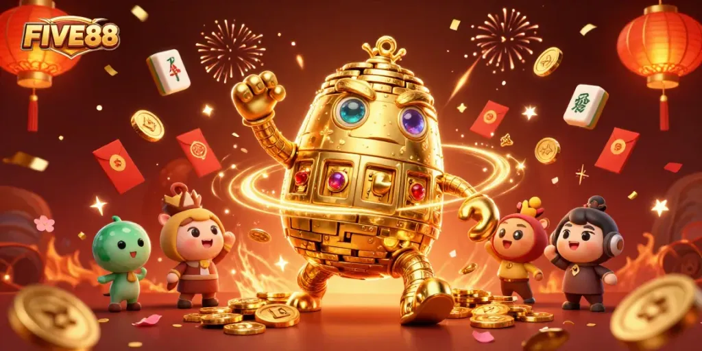 Experience the exciting world of gaming with FIVE88 in a vibrant, ultra-detailed 3D scene featuring a golden golem.