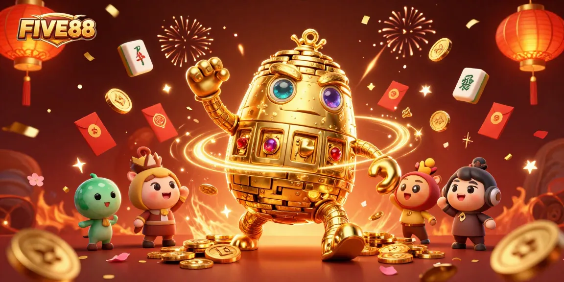 Experience the exciting world of gaming with FIVE88 in a vibrant, ultra-detailed 3D scene featuring a golden golem.