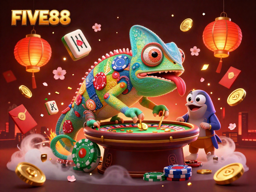 Engage with FIVE88's vibrant casino scene, showcasing a dynamic chameleon owner amid gaming action and rich details.