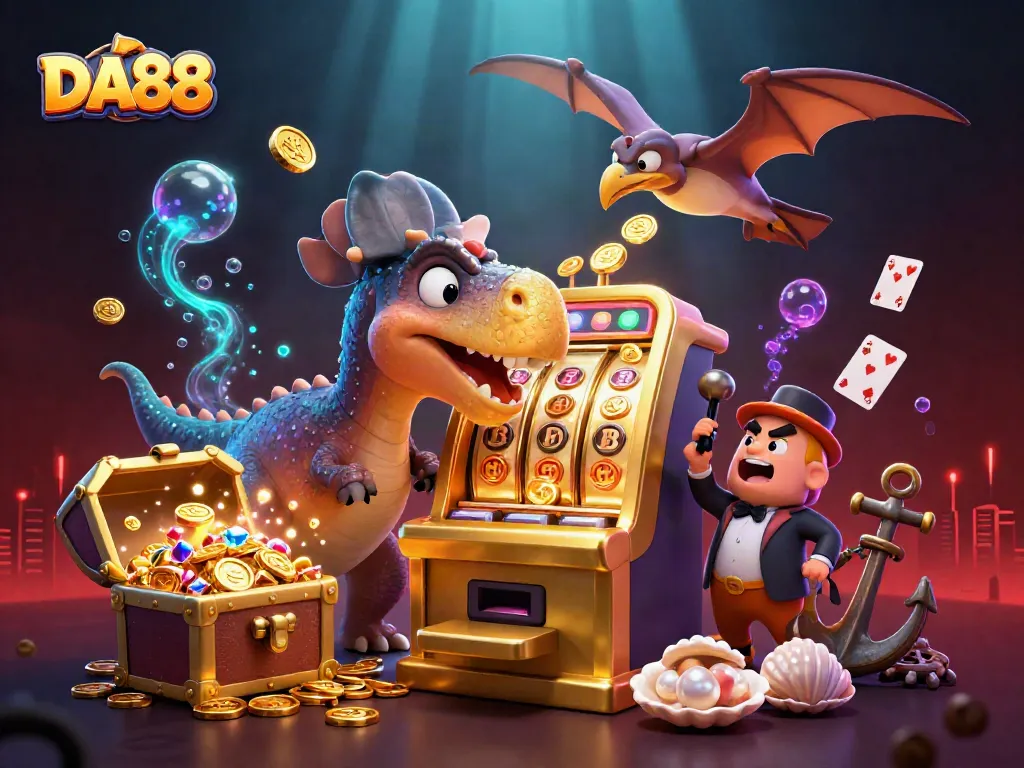 DA88 triggers a jackpot with vibrant 3D cartoon creatures celebrating in a dynamic casino scene.